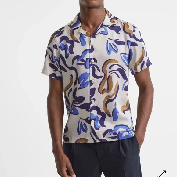 Reiss Scout Abstract Print Cuban Collar Shirt XXL Lightweight and Thin Mint